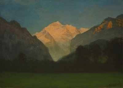 グレイシャーパークまたはピークオンサンセットの景色 作： Albert Bierstadt